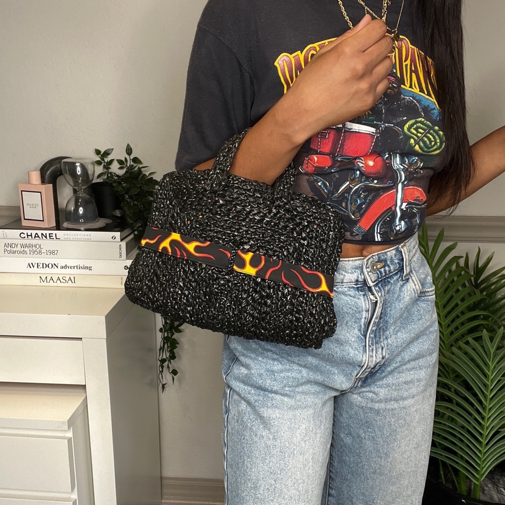 Black Upcycled Handbag With Flame Design